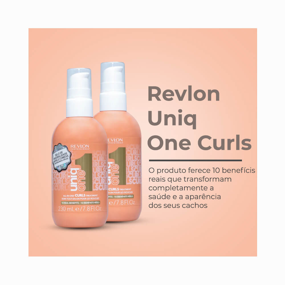 Duas embalagens do Leave-in Revlon Uniqone Curls sobre fundo coral