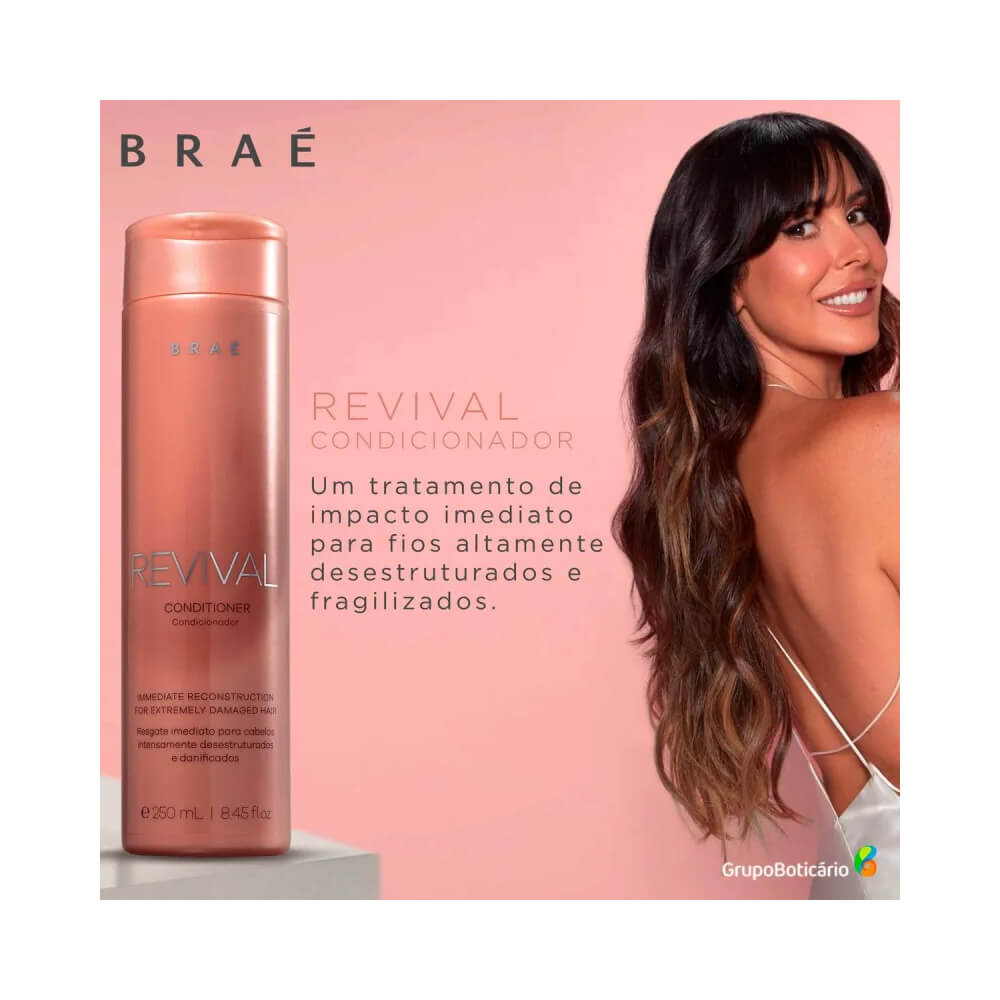 Condicionador Braé Revival com modelo e resultado nos fios
