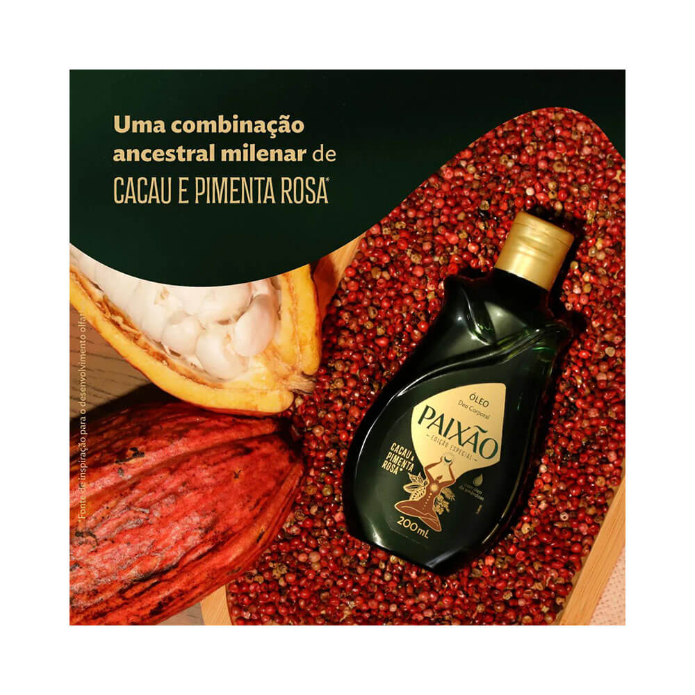 Óleo Corporal Paixão sobre ingredientes naturais cacau e pimenta rosa