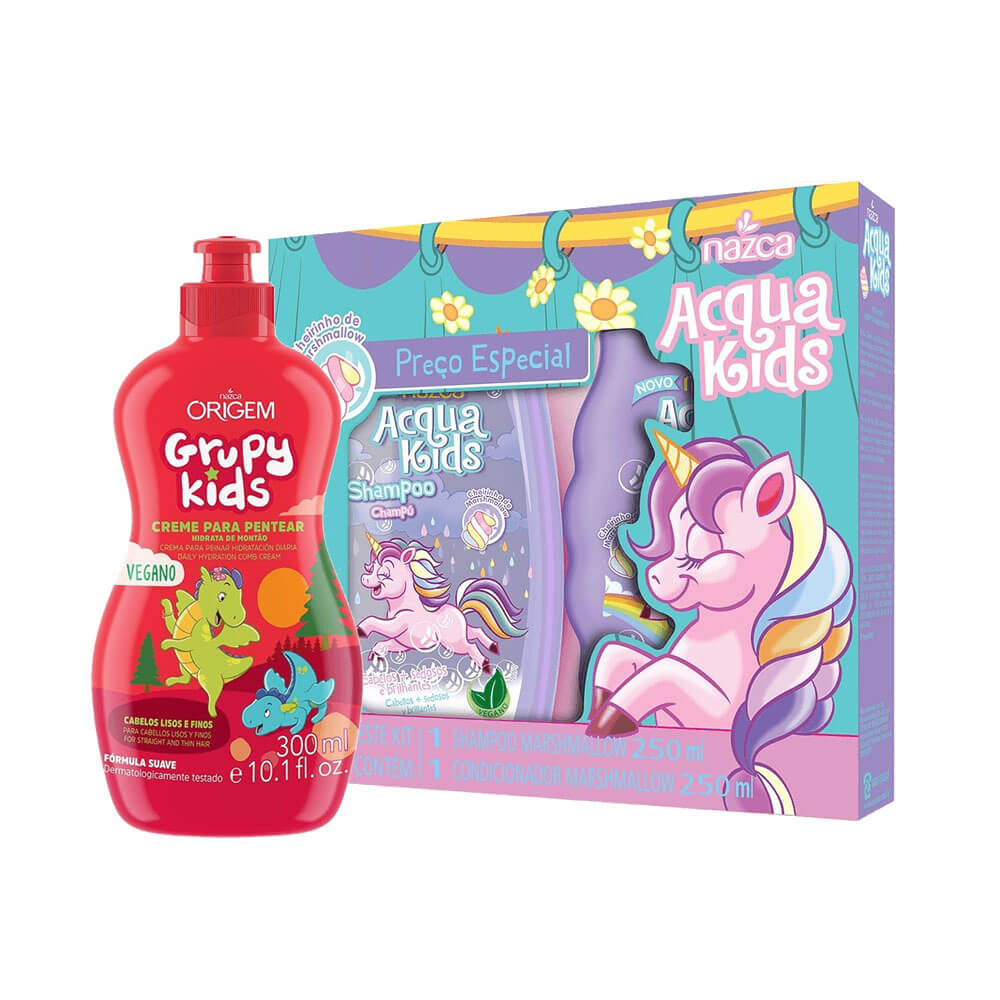 Kit Nazca Kids com embalagens coloridas e desenho de unicórnio, creme de pentear 300ml e frascos 250ml