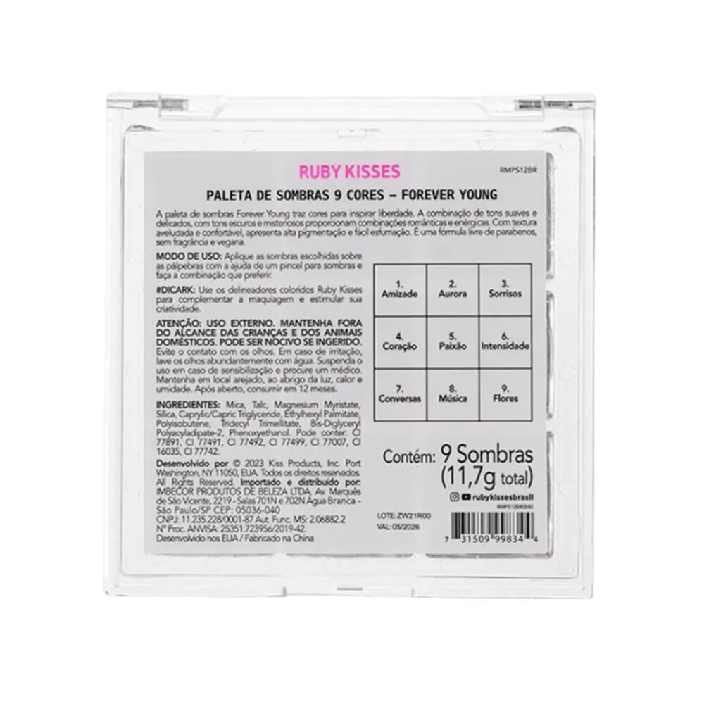 Verso da paleta com informações e composição da Ruby Kisses