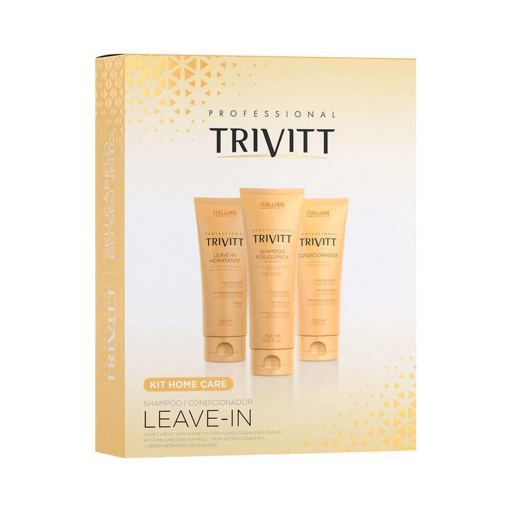 Kit Home Care Trivitt com Leave-in Hidratante - visão frontal com embalagens douradas
