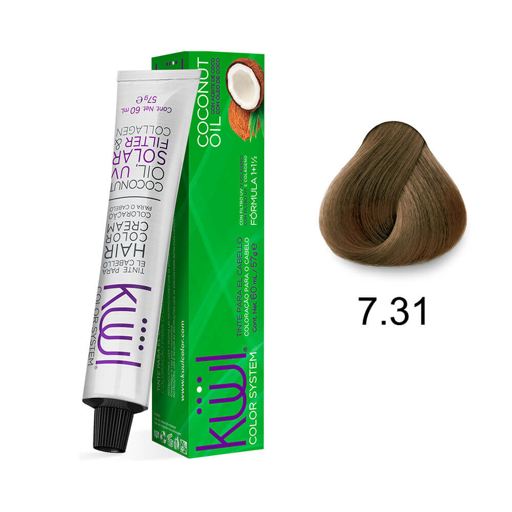 Coloração Kiwi Color System 7.31 Latte Macchiato tubo e caixa com amostra da cor