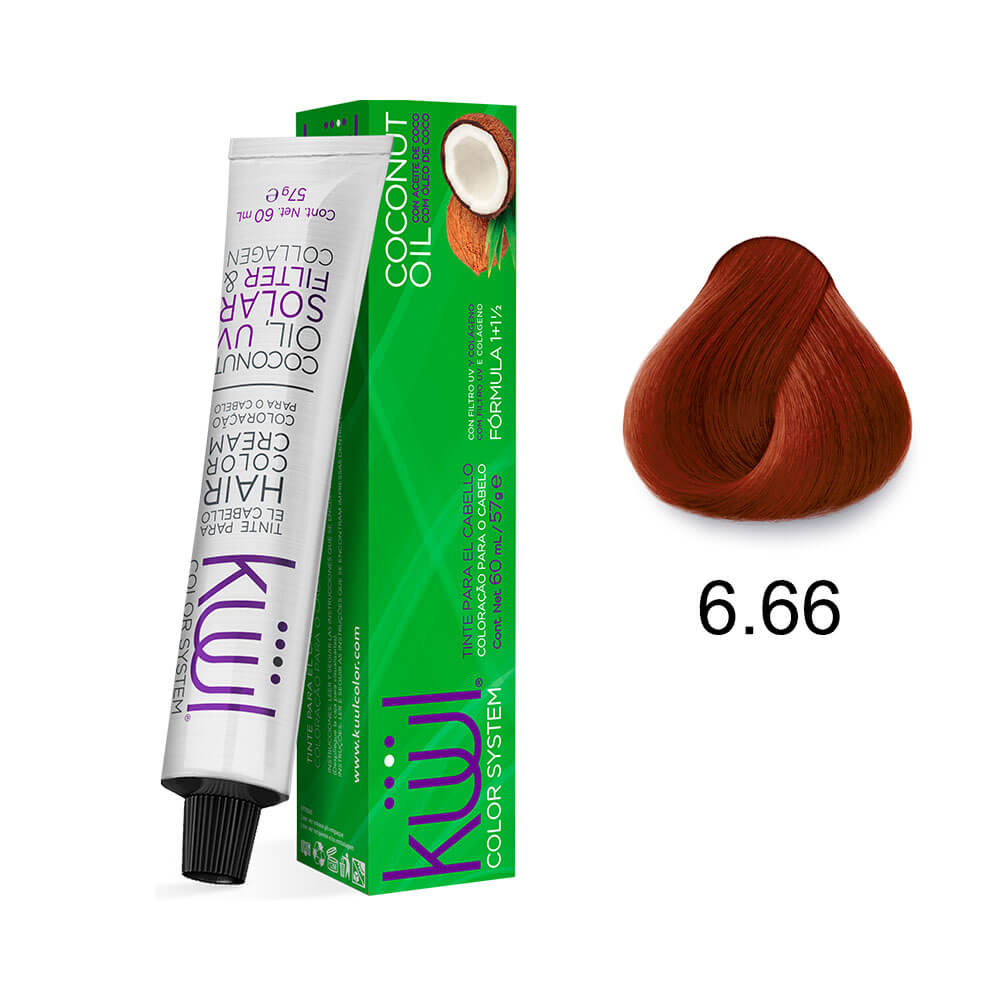 Tubo e caixa da coloração 6.66 com amostra da cor ruivo escuro vermelho intenso