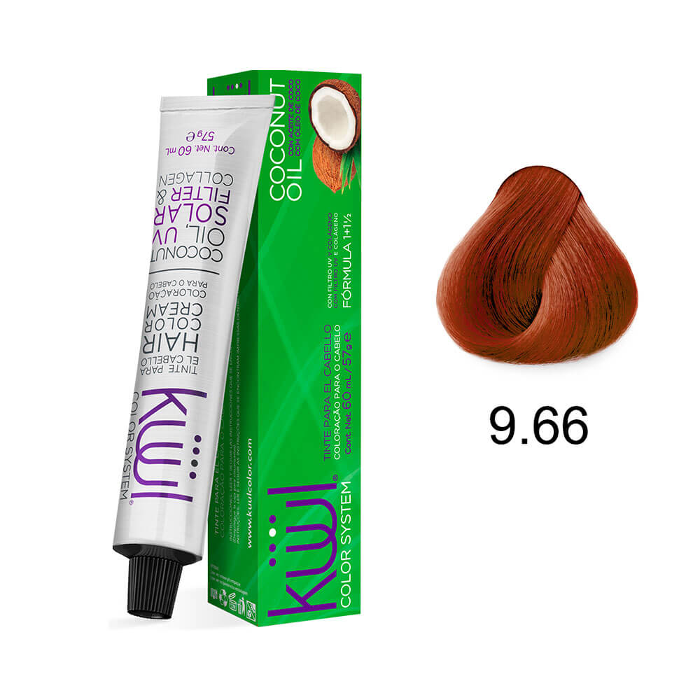 Tubo de coloração Kiwi Color System com amostra da cor 9.66 Ruivo Claríssimo Vermelho Intenso
