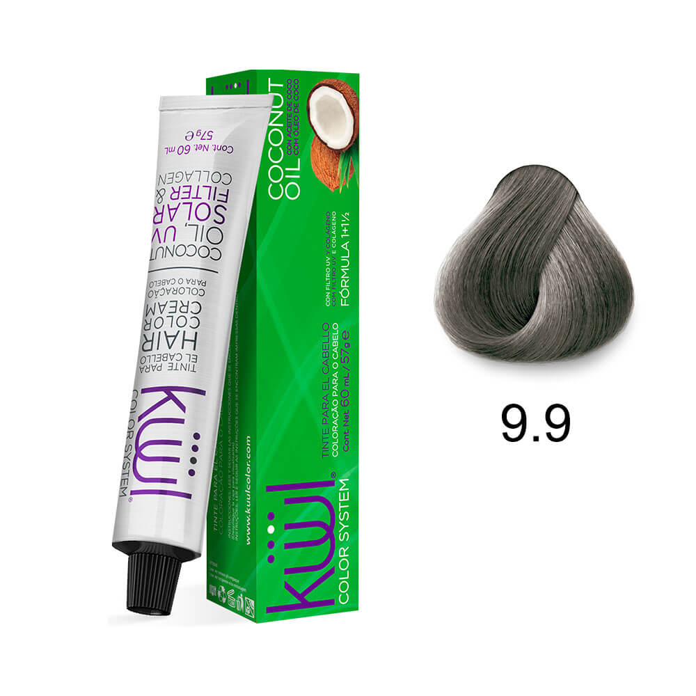Tubo e amostra de cor da Coloração Kiwi Color System 9.9 Louro Prateado