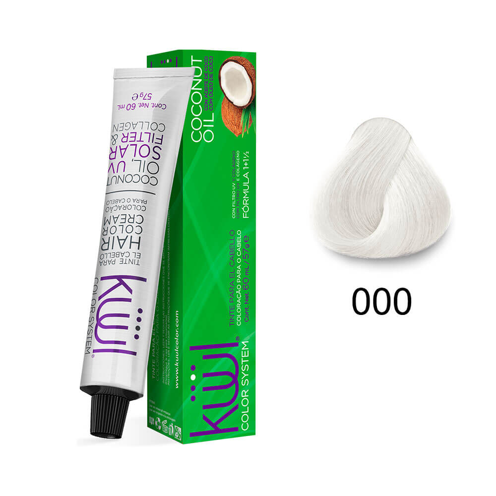 Embalagem, tubo e amostra de cor muito clara da Coloração Kiwi Color System 000