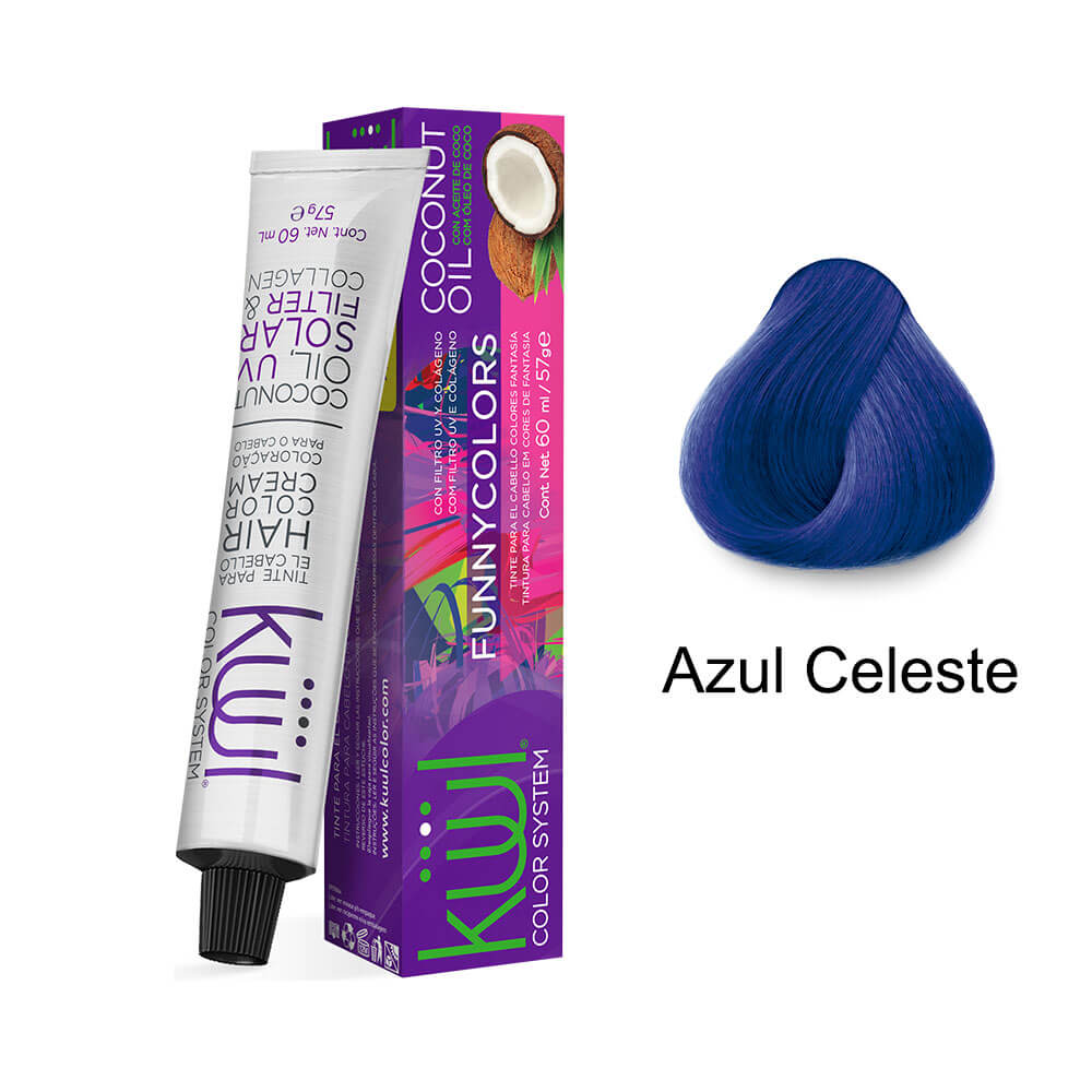 Embalagem e tubo Kiwi Funny Colors Azul Celeste com amostra do tom