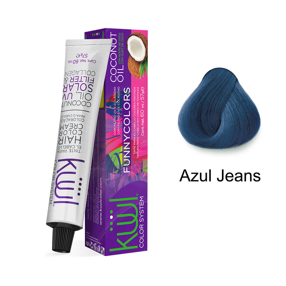 Tubo de coloração Kiwi Funny Colors Azul Jeans e amostra de cor