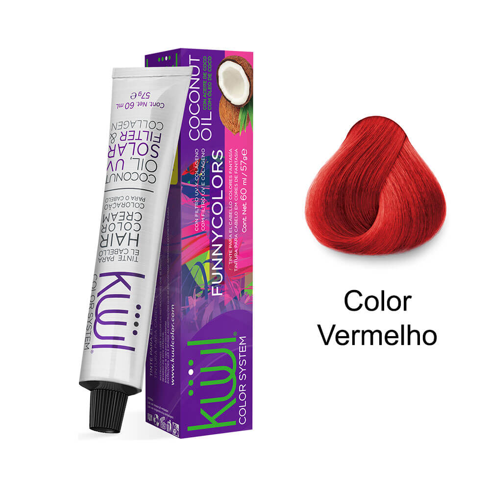 Tubo da coloração Kiwi Funny Colors Vermelho e amostra do tom aplicado