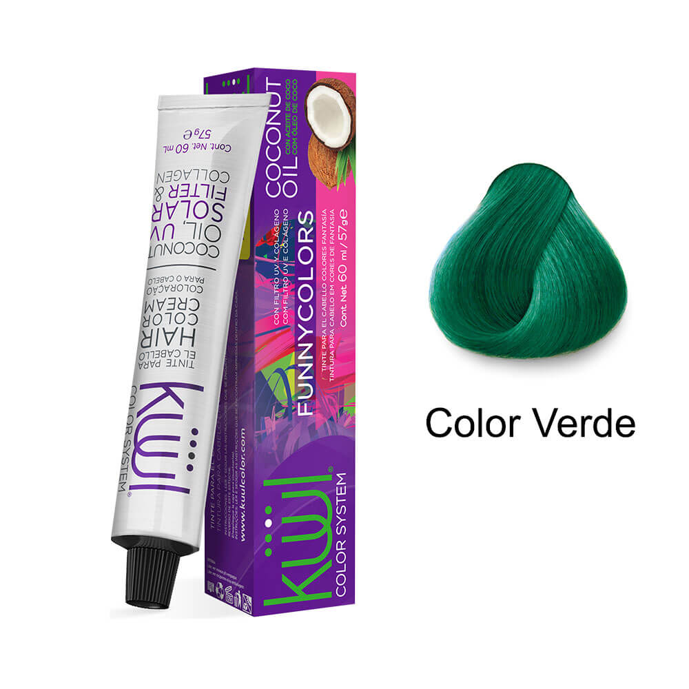 Tubo, caixa e mecha com resultado da Coloração Kiwi Funny Colors Verde