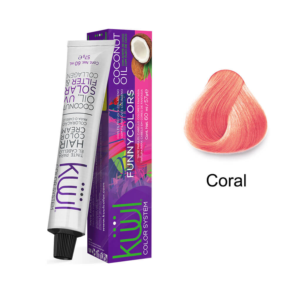 Tubo e caixa da coloração Kiwi Funny Colors Coral 60ml com amostra da mecha coral