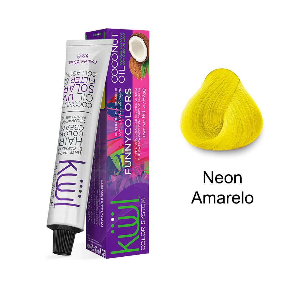 Tubo e embalagem da coloração Kiwi Neon Amarelo ao lado de mecha mostrando resultado
