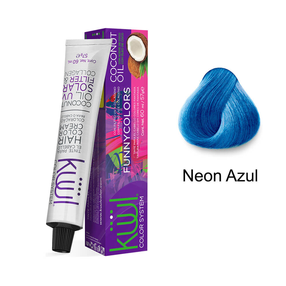 Tubo da coloração Kiwi Funny e mecha azul neon mostrando a cor