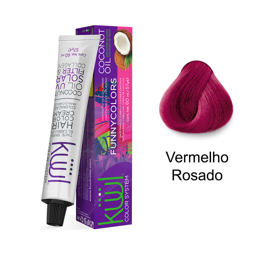 Tubo e caixa da Coloração Kiwi Funny Colors com amostra da cor vermelho rosado