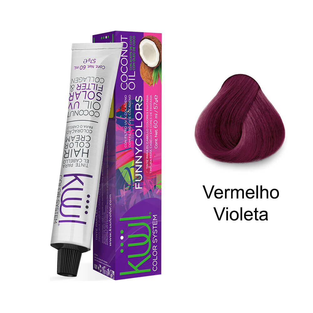 Tube e caixa Kiwi Funny Colors com mecha mostrando cor Vermelho Violeta