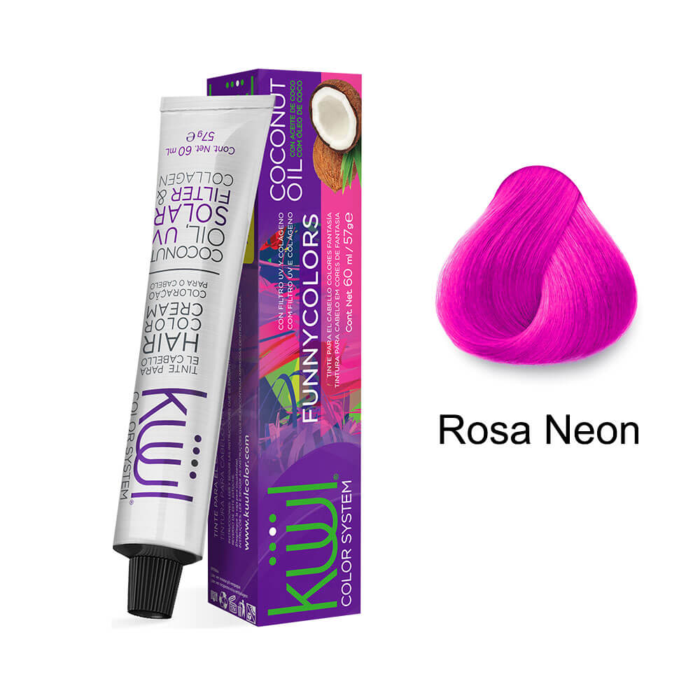 Tubo, caixa e amostra da cor Rosa Neon da coloração Kiwi Funny Colors