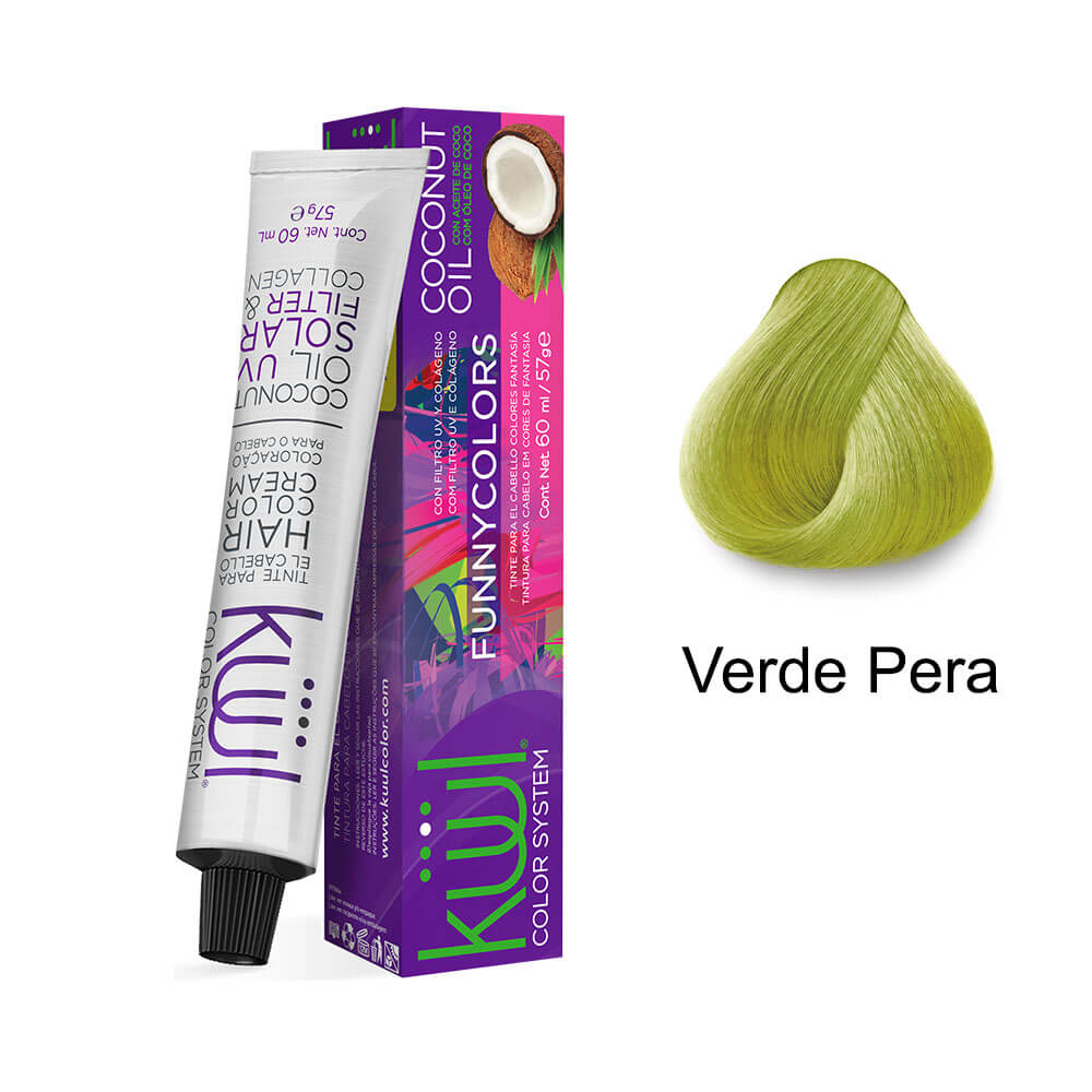 Bisnaga, caixa e amostra de cor Verde Pera da coloração Kiwi Funny Colors