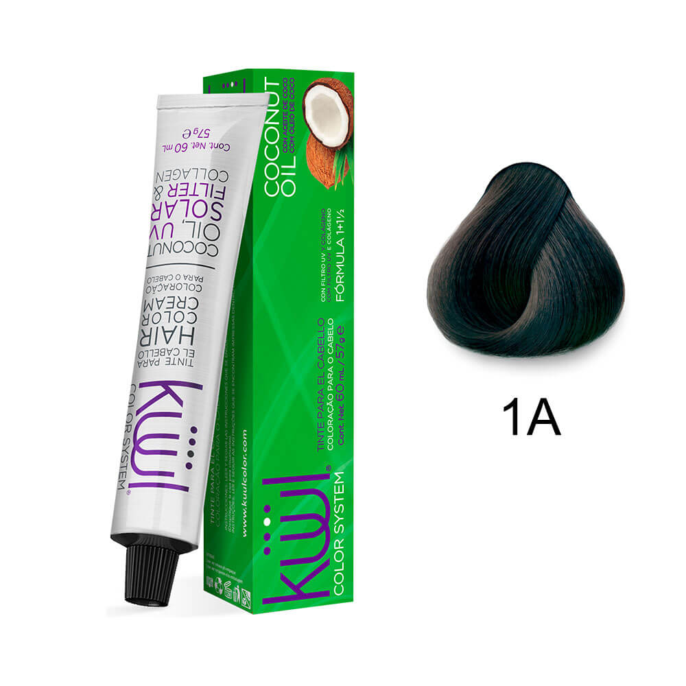 Tube e amostra da cor 1A Preto Azulado com brilho e reflexos azulados