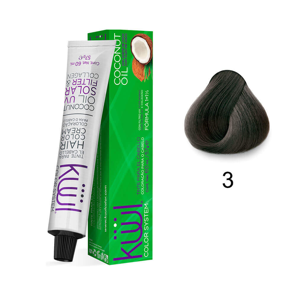 Produto Kiwi Color System 3 Castanho Escuro com amostra de cor e embalagem