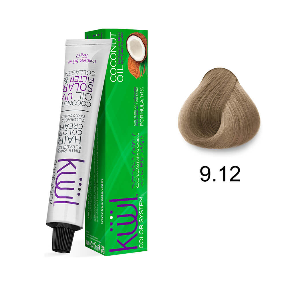 Caixa e bisnaga Kiwi Color System 9.12 com amostra da cor e ingredientes destacados