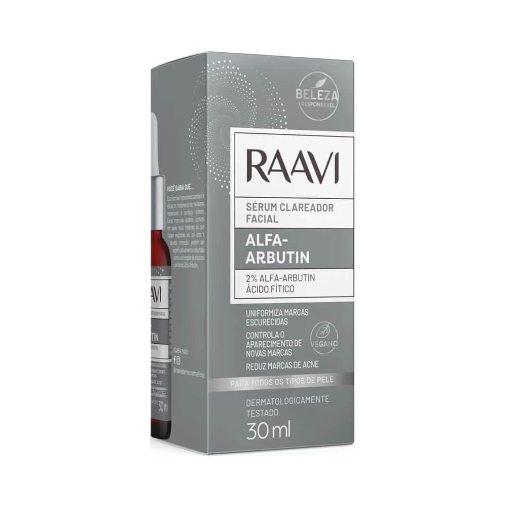 Embalagem e rótulo do Sérum Clareador Raavi Alpha Arbutin 30ml