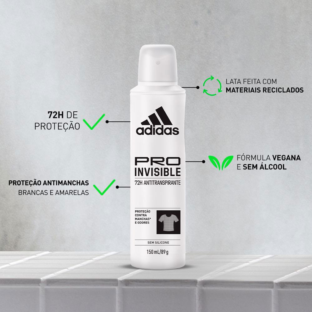 Desodorante Adidas Pro Invisible 150ml em fundo neutro destacando benefícios