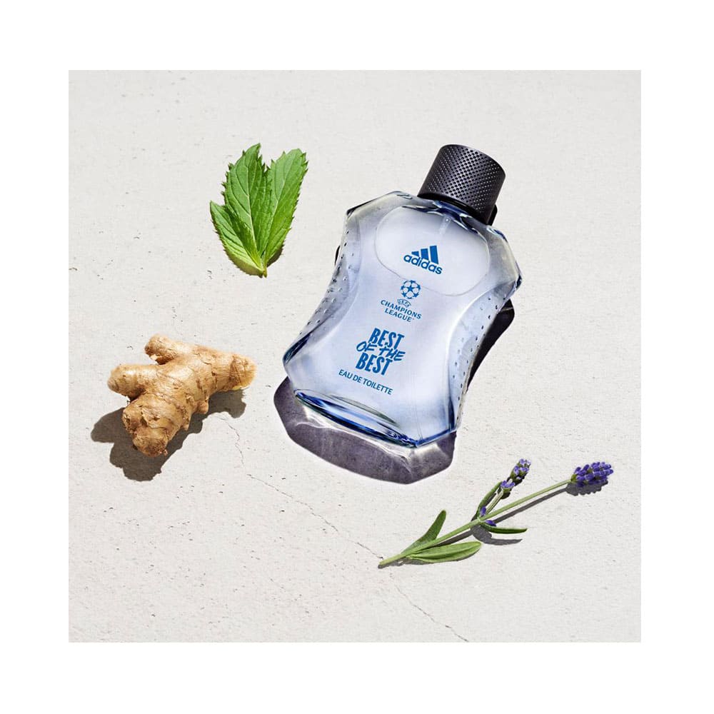Frasco deitado rodeado por gengibre e lavanda destacando as notas naturais do perfume
