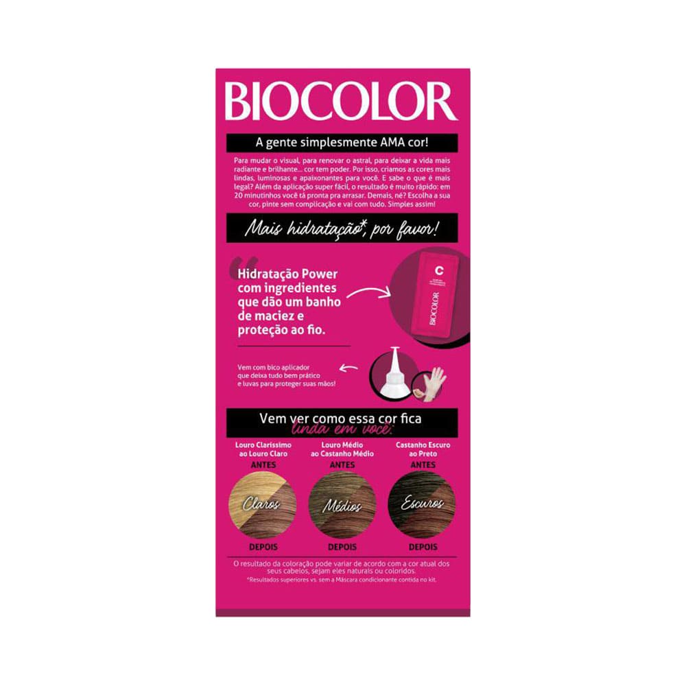 Parte traseira da embalagem mostrando ingredientes e instruções do Mini Kit Biocolor
