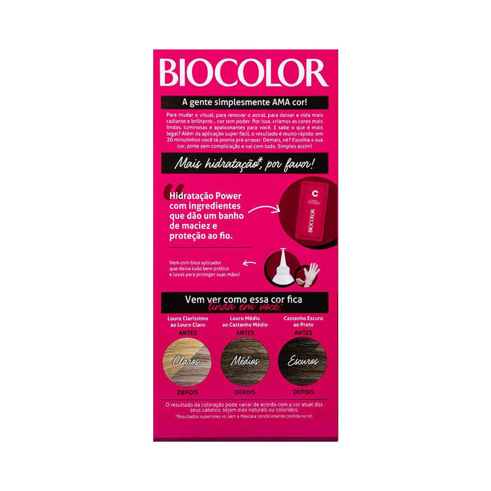 Parte traseira da embalagem Biocolor com instruções, benefícios e exemplos de cores