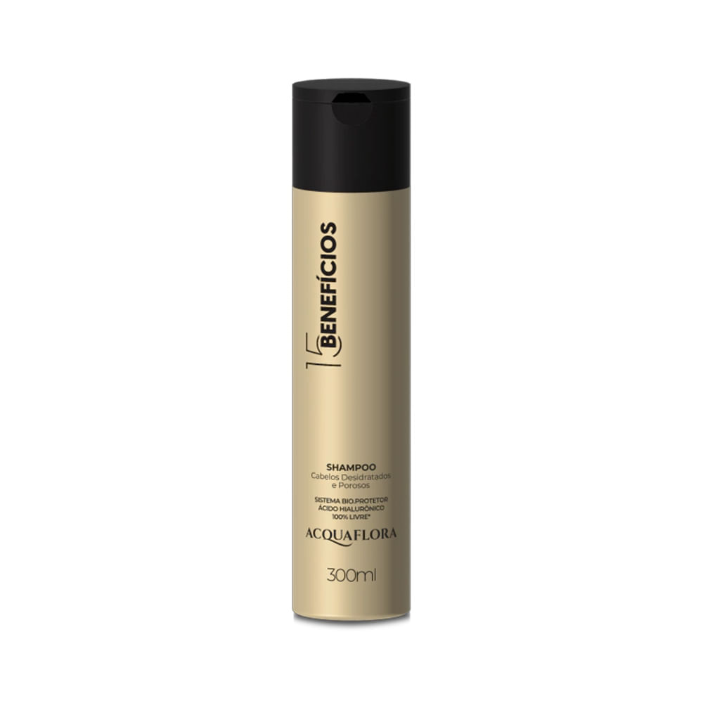 Frasco frontal Shampoo Acquaflora 15 Benefícios 300ml dourado/creme