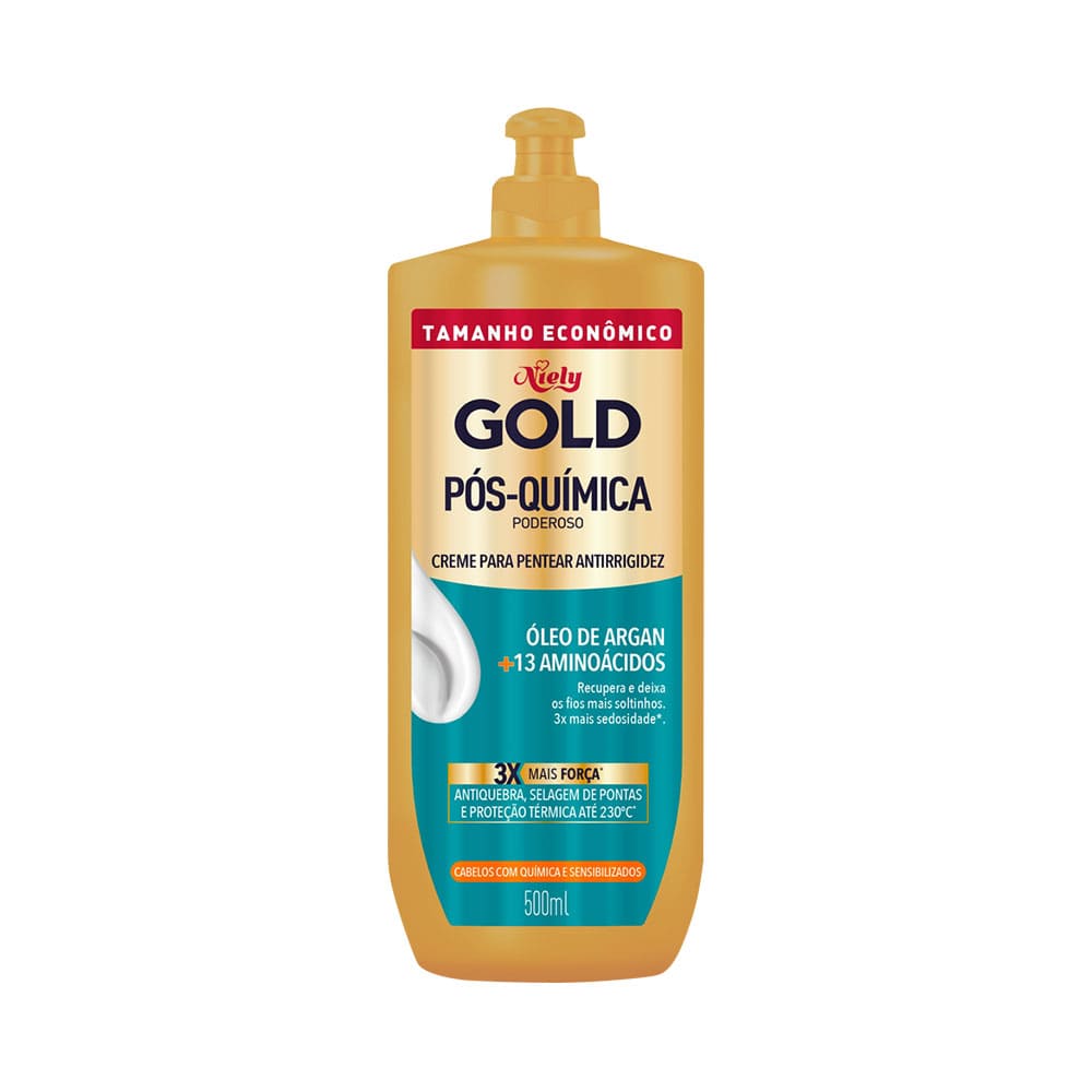 Frasco dourado do Creme de Pentear Niely Gold Pós Química Poderoso 500ml