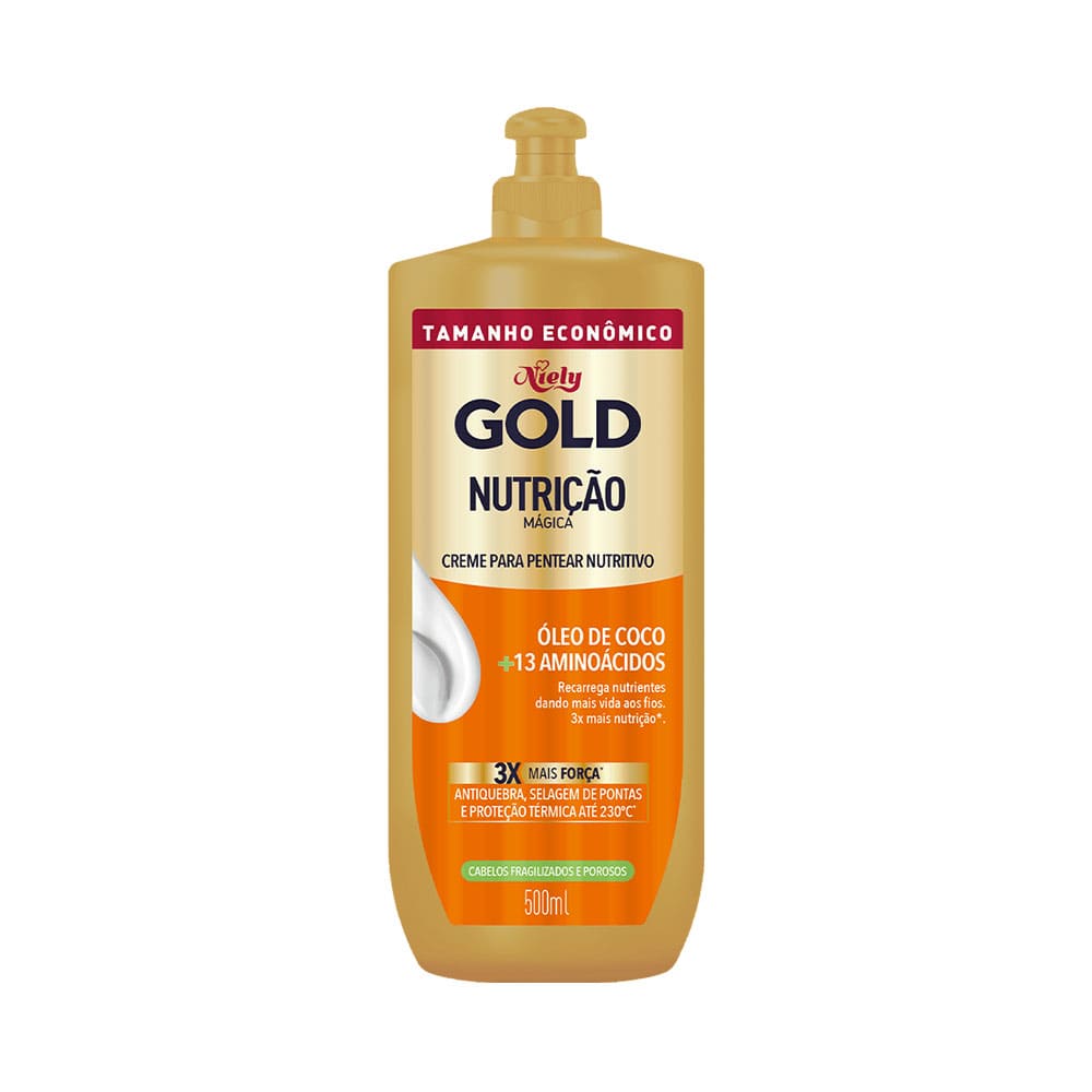 Frente do frasco pump dourado/laranja do Creme de Pentear Niely Gold Nutrição Mágica 500ml