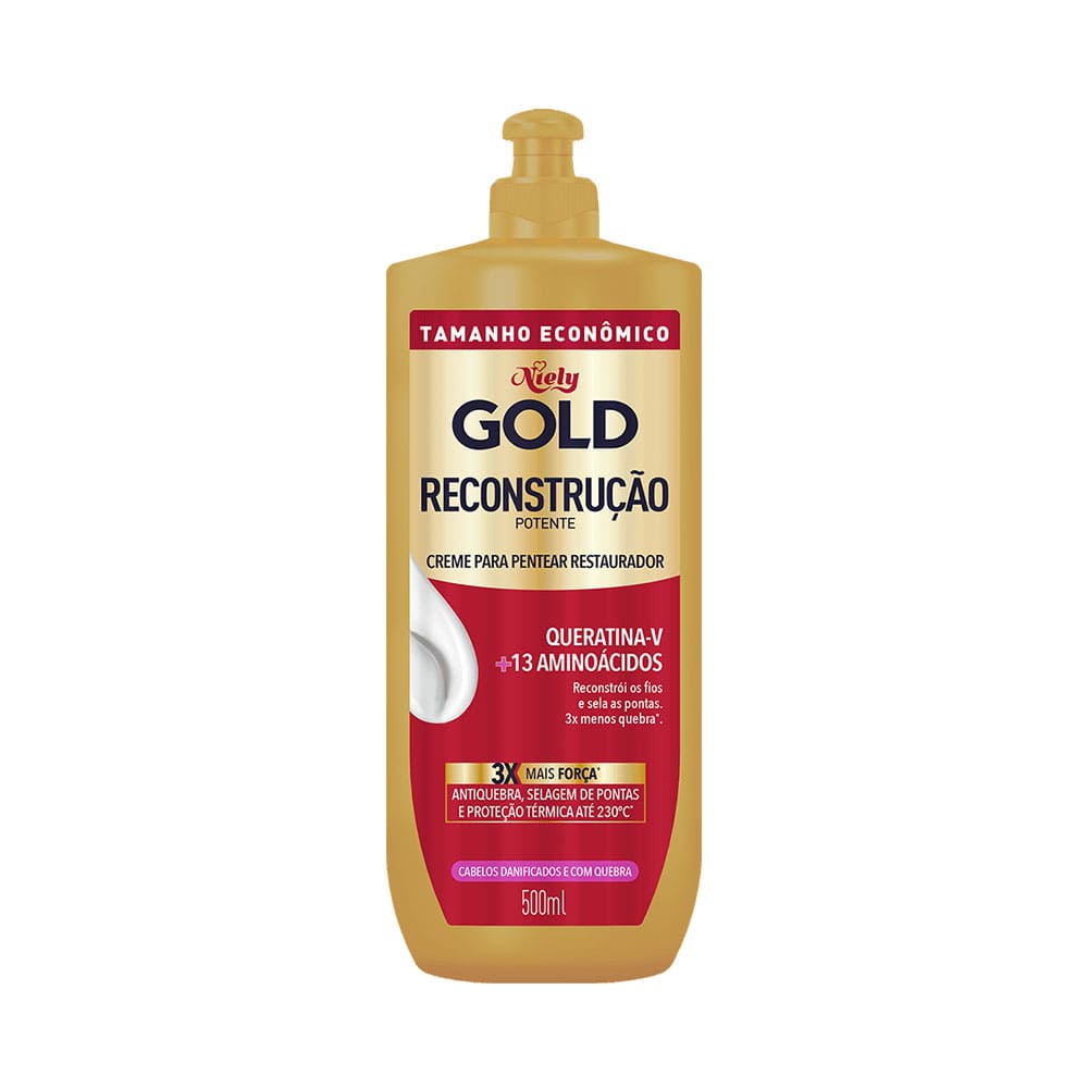 Creme de Pentear Niely Gold Reconstrução Potente 500ml - embalagem pump amarela/dourada