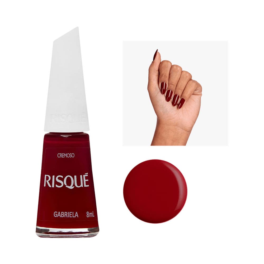 Esmalte Risqué Gabriela vermelho cremoso frasco e amostra da cor