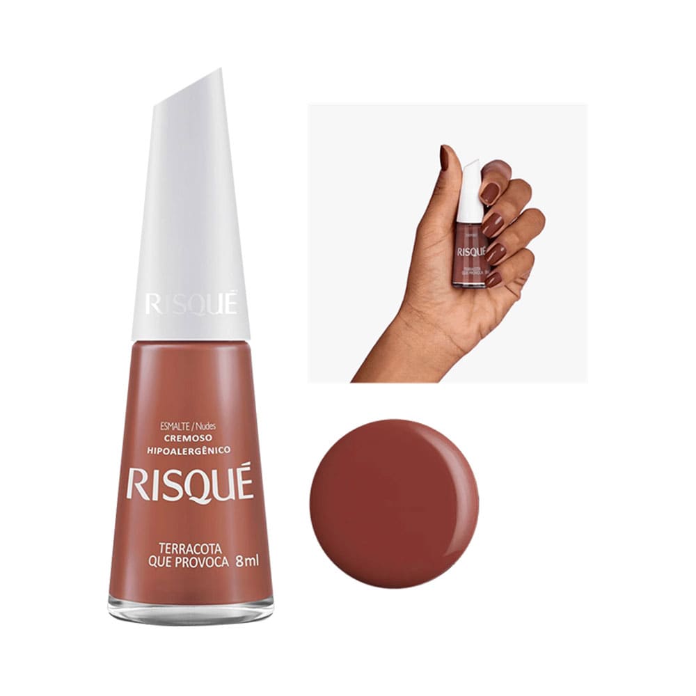Esmalte Risqué Cremoso Terracota que Provoca 8ml - frasco e unhas pintadas