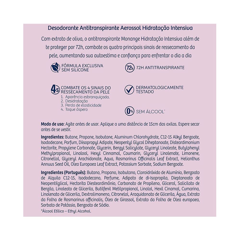 Embalagem e informações técnicas do desodorante Monange Hidratação Intensiva