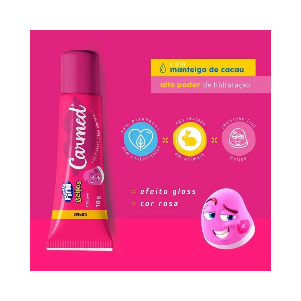 Hidratante Labial Carmed Fini Beijos 10g - destaque ingredientes e embalagem