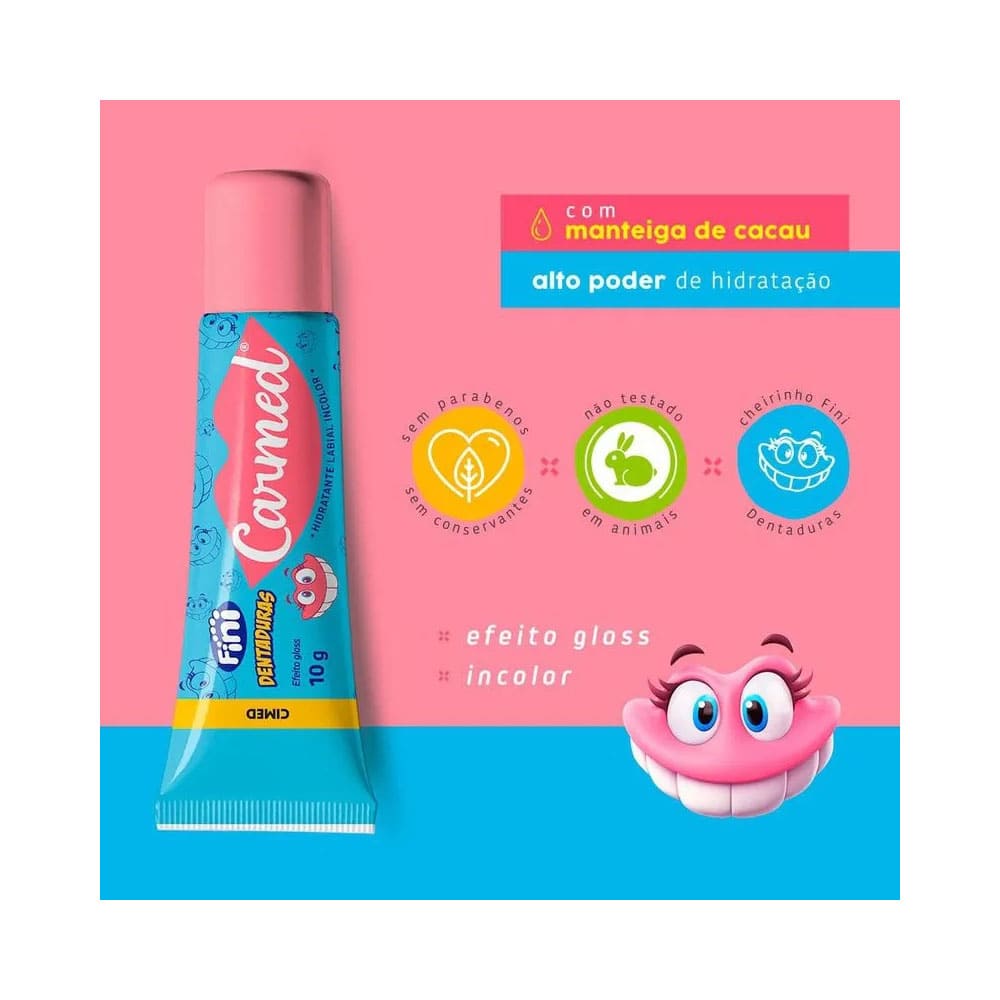 Caixa e tubo do Hidratante Labial Carmed Fini Dentaduras com balas decorativas
