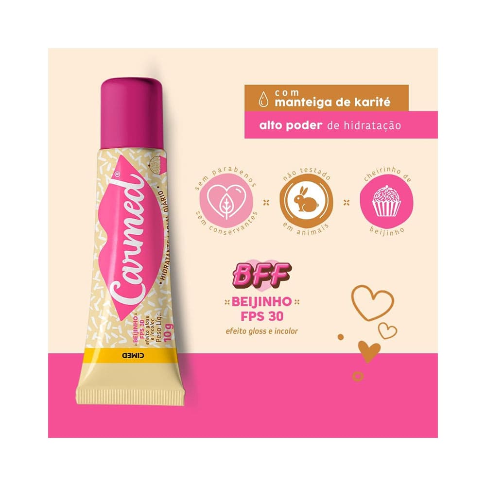 Imagem com ícones destacando manteiga de karité, FPS30 e efeito gloss do hidratante Carmed