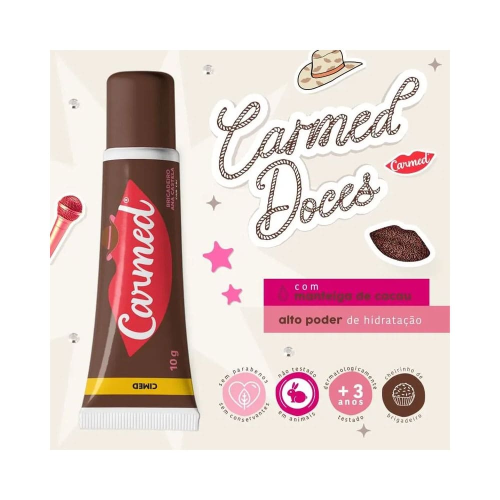 Hidratante Labial Carmed Ana Castela Brigadeiro 10g com destaque para ingredientes e benefícios