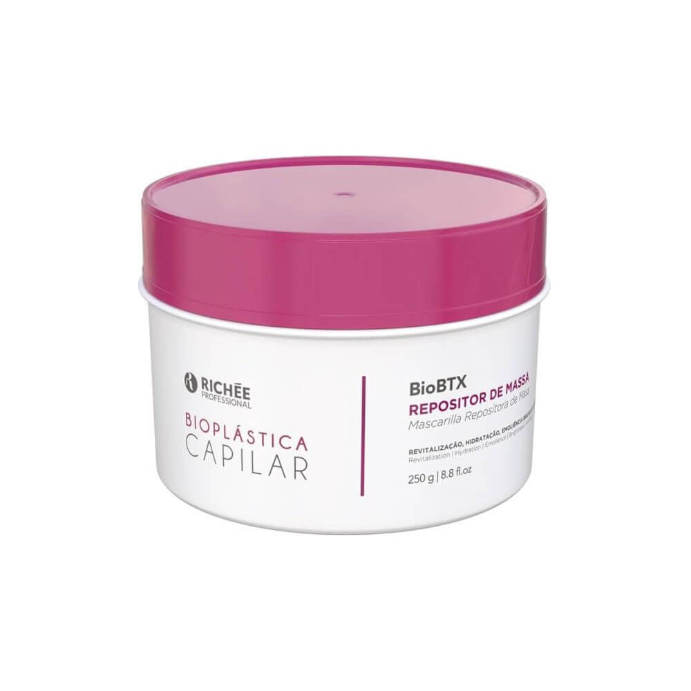 Pote branco com tampa rosa da Máscara Richée BioBTX em fundo branco