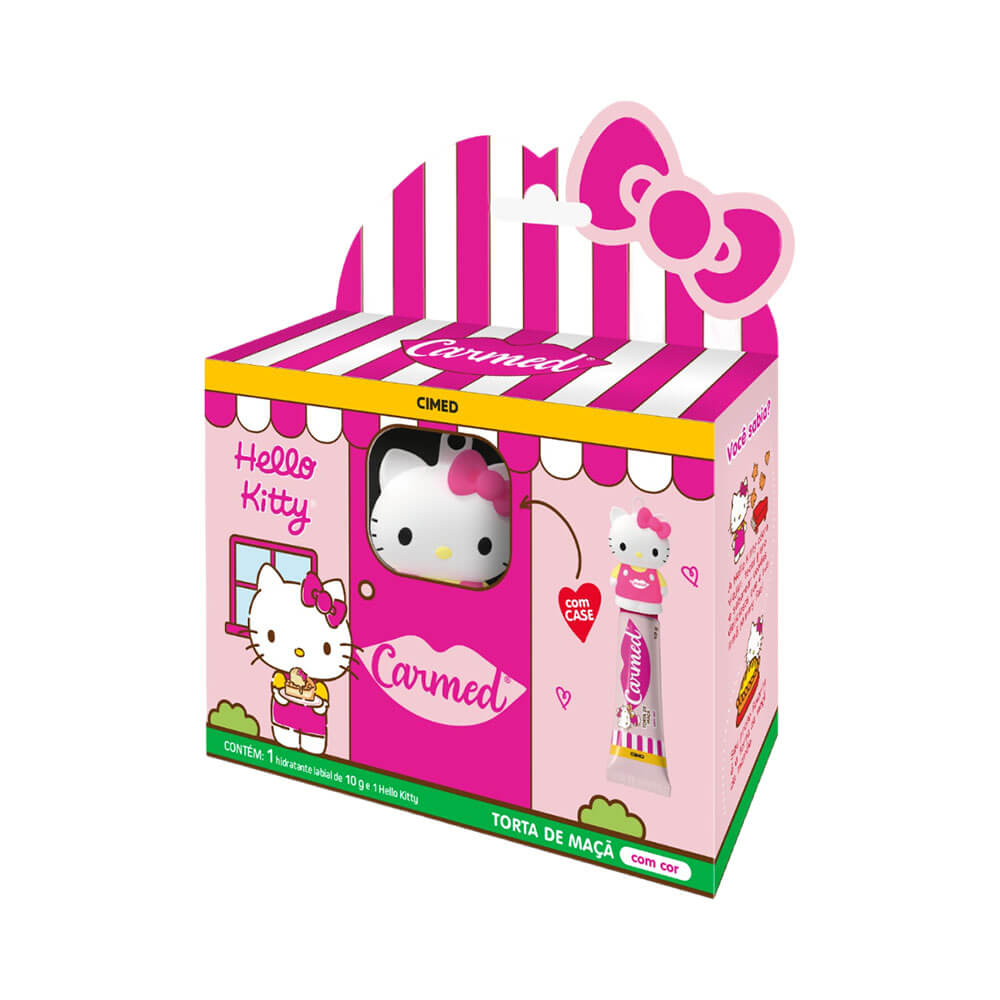 Caixa e embalagem do hidratante labial Carmed Hello Kitty Torta de Maçã
