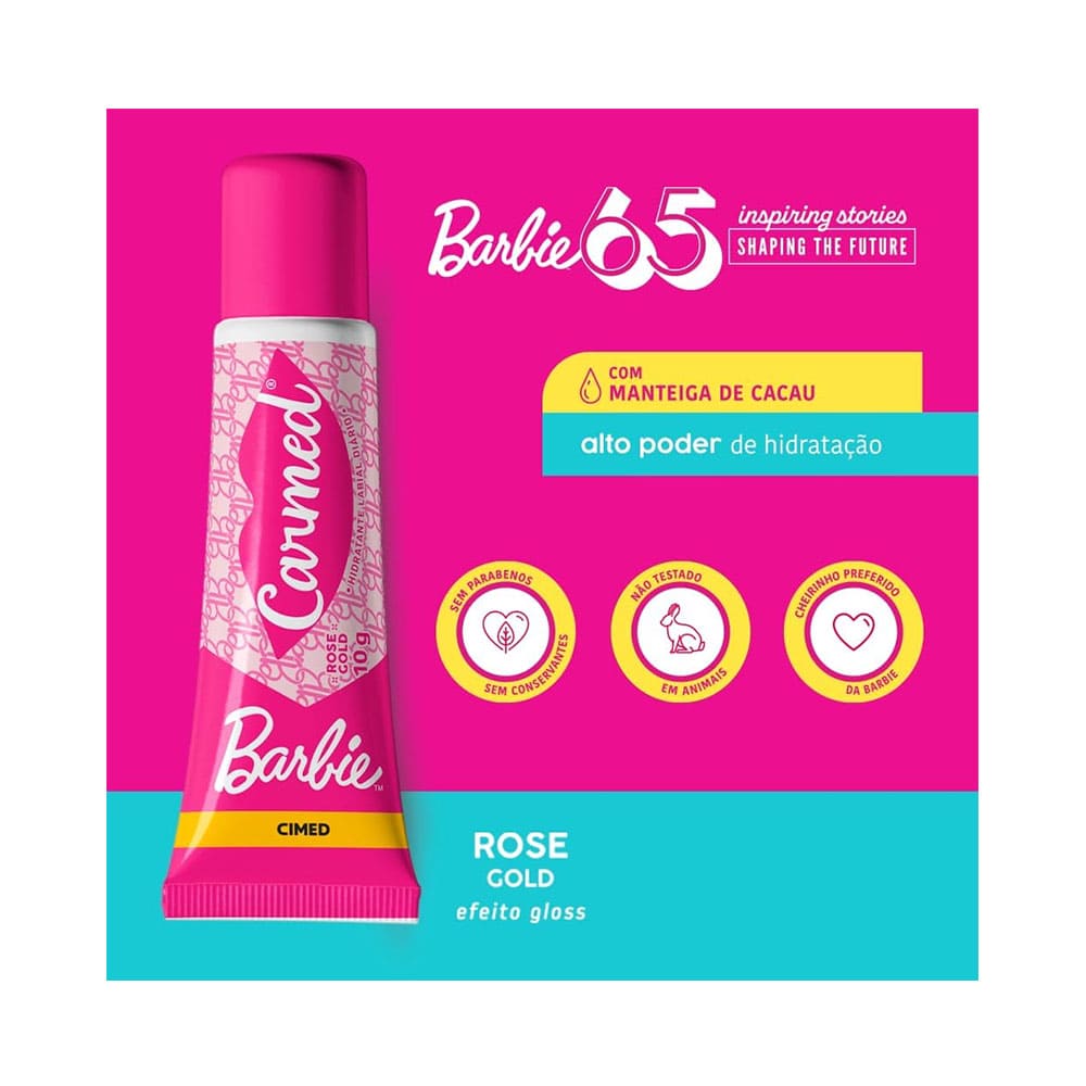 Detalhe do tubo e caixa do hidratante labial Carmed Barbie Rose Gold