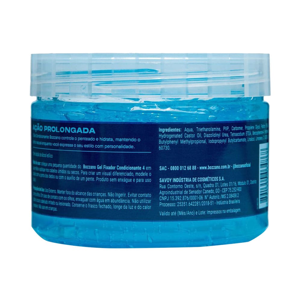 Detalhe do pote lateral do Gel Bozzano com rótulo e gel azul
