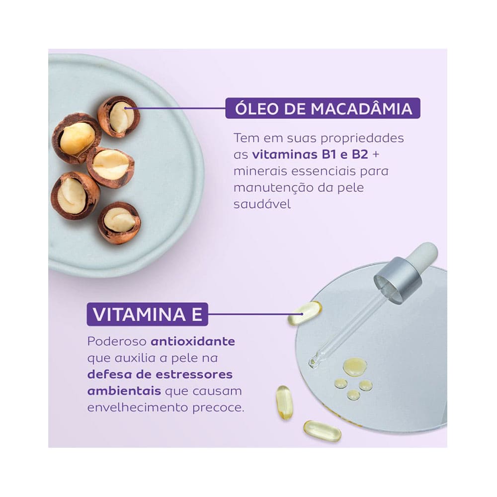Nozes de macadâmia e cápsulas de vitamina E destacando ingredientes