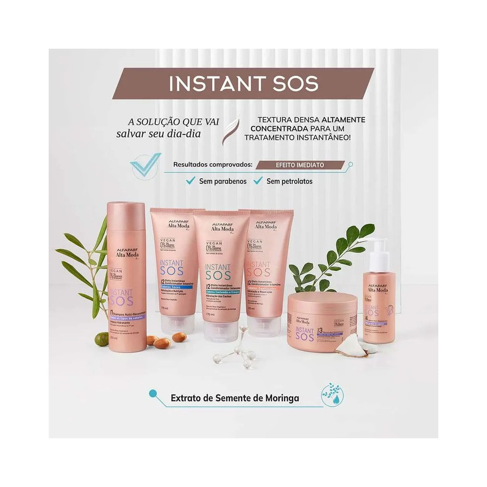 Imagem promocional com os produtos da família Instant SOS e ingredientes naturais como sementes e óleos