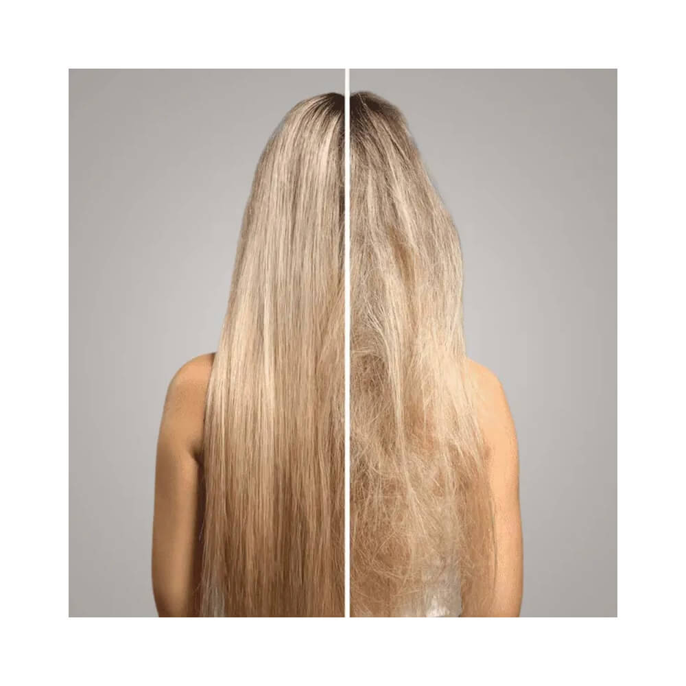 Comparativo antes e depois do uso da Máscara Hidrabell mostrando redução do frizz