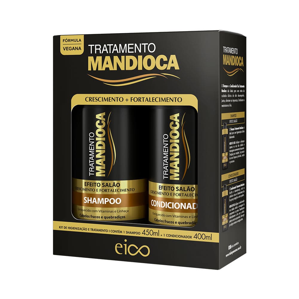 Kit Eico Mandioca Shampoo 450ml e Condicionador 450ml em embalagens pretas com detalhes dourados