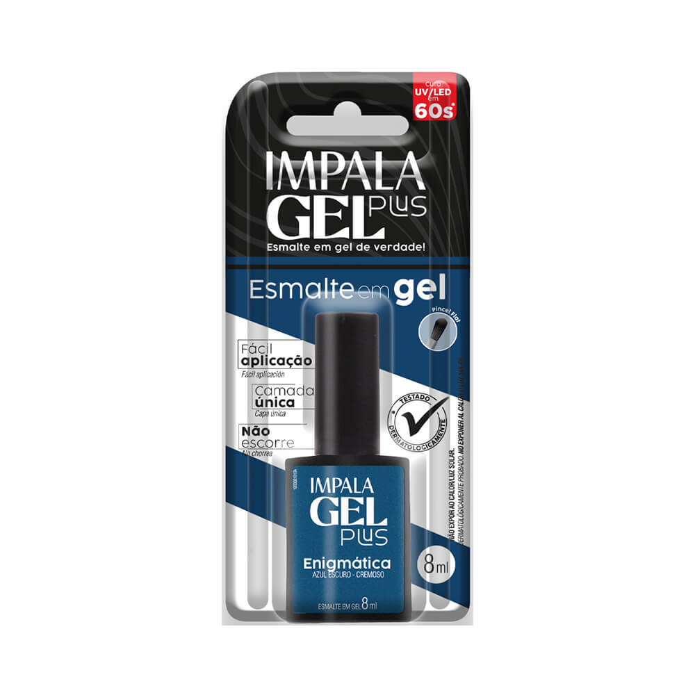 Embalagem e informações técnicas do esmalte Impala Gel Plus Enigmática